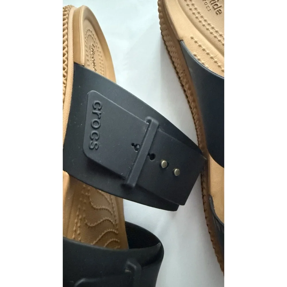 Crocs Women's Brooklyn Buckle Low Wedge Heels In A Size 10 EUC BLACK sandals